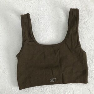 SET ACTIVE WOMENS SPORTS BRA RIBBED CROP BROWN SCOOP NECK XS